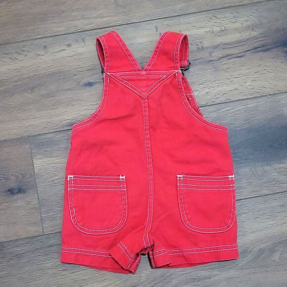 Vintage Shortalls Kids 12 M Red Overalls In Design Alligator Frog Friends Shorts - Picture 2 of 11